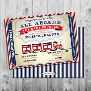 Invito per baby shower in treno / stampabile / inviti per baby shower per ragazzo / tema vintage / blu rosso / digitale