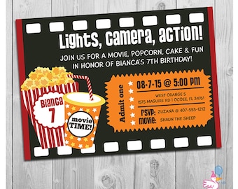 Einladung zur Filmparty | Printable Boys or Girls Movie Invite | Personalisierte Kinokarte Geburtstagseinladungen | Schwarz Rot Gelb