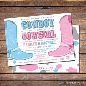Invito a rivelare il genere da cowboy o cowgirl, invito a una festa rivelazione di genere da cowboy o cowboy, stampabile