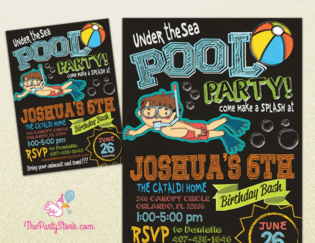 Boy Pool Party Invitation Printable Birthday Invite Chalkboard Under