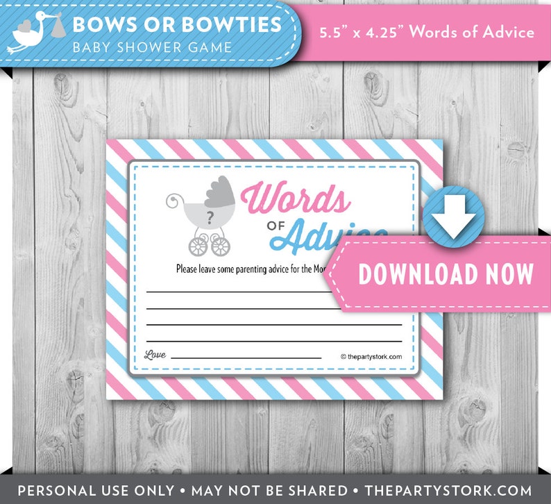 Baby Shower Games Gender Reveal Advice Cards Printable Bows Etsy