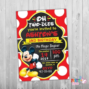 Oh Twodles Invitation, Mickey Mouse Invitation Oh Twodles Birthday Mickey Mouse Birthday Mickey Invitation Red 2nd Birthday Toodles, Digital image 1