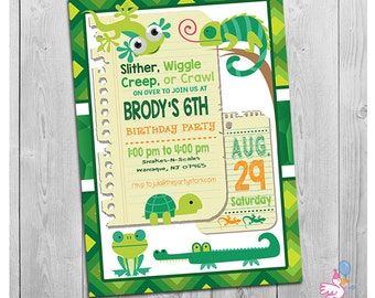May include: Green, yellow, and orange birthday party invitation with a jungle theme. The invitation says "Slither, Wiggle, Creep, or Crawl" and "Brody's 6th Birthday Party". The invitation also includes the date and time of the party, the location, and an RSVP email address.