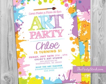 Art Paint Party Invitations: Printable Birthday Invitation, pastel kids invite rainbow colors, party printables, decorations available