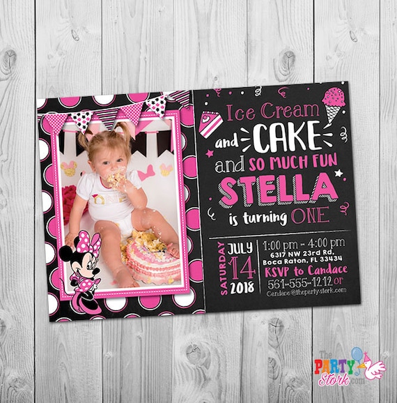 Minnie Mouse First Birthday Invitation Minnie Mouse Invite Digital Picture Minnie 1st Birthday Invitation Pink Minnie Photo Invitation Il_570xn