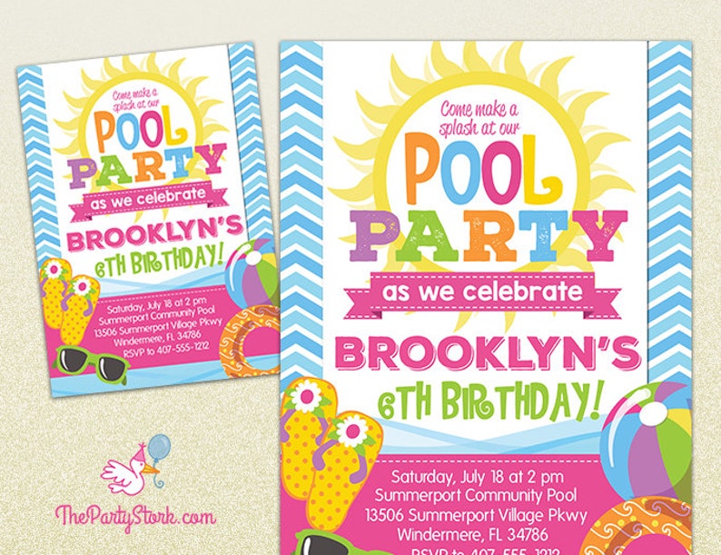 Pool Party Invitation Printable Birthday Invite for Girl Etsy