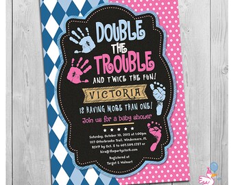 Twin Baby Shower Invitation | Double the Trouble Chalkboard Invitations for Boy Girl Twins | Custom Birthday invites Pink Blue