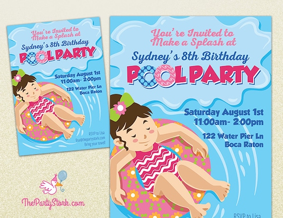 Pool Party Invitation Printable Girl Birthday Invite Summer Pool