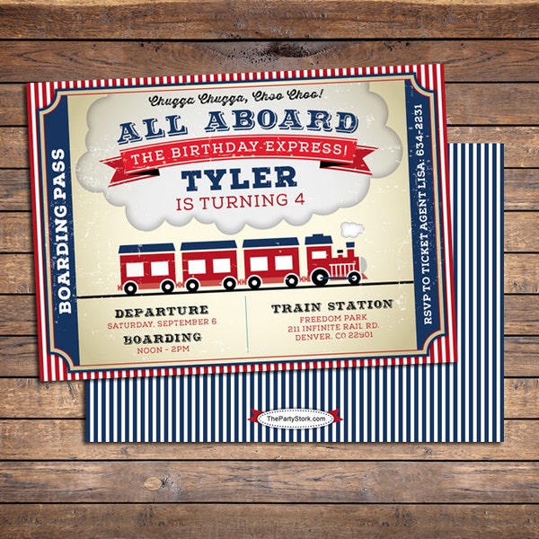 Train Birthday Invitation | Printable | Boys Party Invite | Blue Red | See our Shop for Matching Train Themed Party Decorations