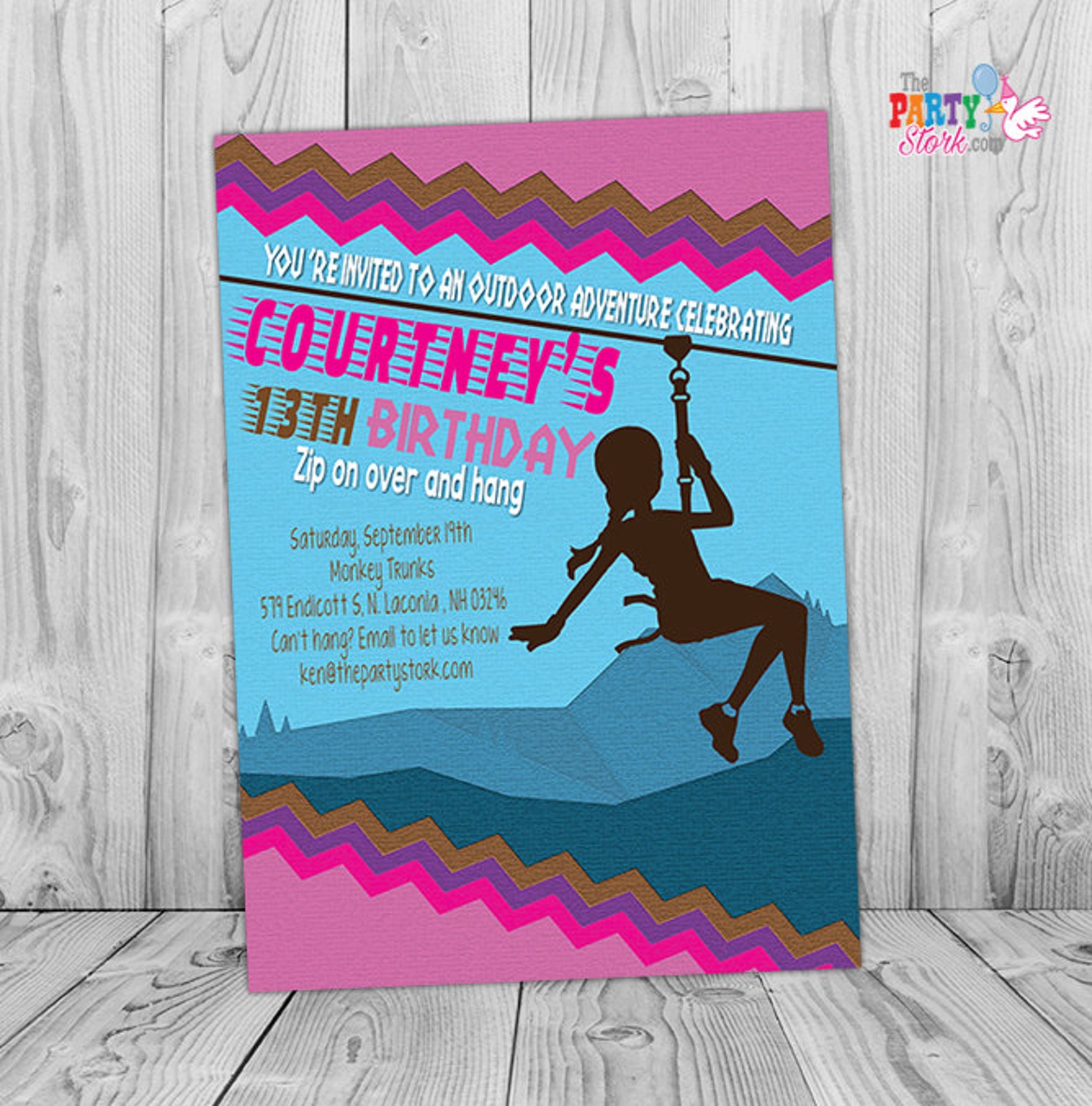 Zipline Invitation Custom Printable Teen Girl Birthday Party
