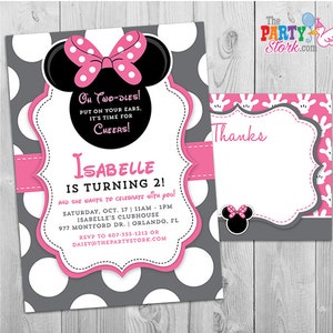 Minnie Mouse Invitation Oh Twodles Invitation, 2nd Birthday Minnie Mouse Invitation FREE Thank You Card, Printable Grey Pink Black image 1