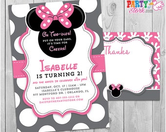 Minnie Mouse Invitation | Oh Twodles Invitation, 2nd Birthday Minnie Mouse Invitation FREE Thank You Card, Printable Grey Pink Black