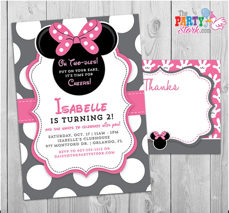 Minnie Mouse Invitation Oh Twodles Invitation, 2nd Birthday Minnie Mouse Invitation FREE Thank You Card, Printable Grey Pink Black image 1