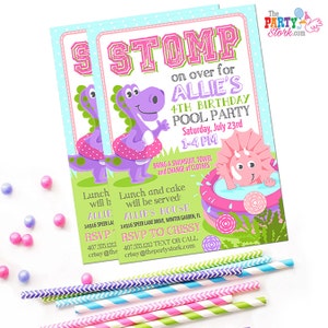Faire-part de fête de piscine dinosaure fille - Invitation d'anniversaire dinosaure imprimable - Anniversaire dinosaure rose - Fête d'été 4e anniversaire - Téléchargement numérique