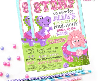 Dinosaur Pool Party Invitation | Printable Dino Birthday Party Invite for Girl | Girls Summer Pool Party Invitation | Purple Pink Green DIY