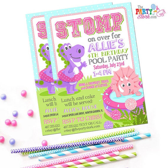Dinosaur Pool Party Invitation | Printable Dino Birthday Party Invite for Girl | Girls Summer Pool Party Invitation | Purple Pink Green DIY Il_570xn