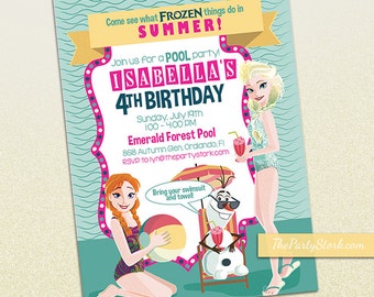 Frozen Pool Party Invitation | Printable Frozen Birthday Party Invite with Elsa, Anna, Olaf | Summer Pool or Beach Party | Pink Blue Green