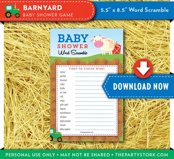 Baby Shower Games, Barnyard Baby Word Scramble Card, Printable Farm