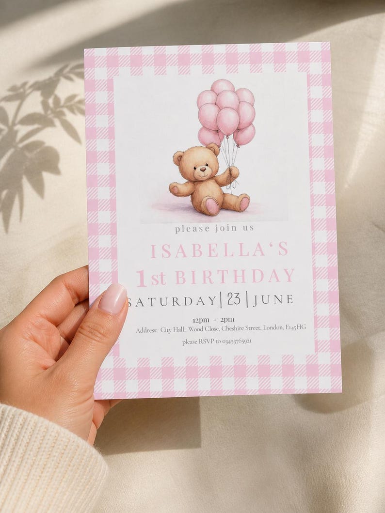 Editable Teddy Bear 1st Birthday Invitation | Pink Girl First Birthday ...