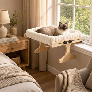 Könnte beinhalten: Eine Katzen-Fensterliege mit einem cremefarbenen, gesteppten, rechteckigen Stoffbettrahmen, der von einer hellen Holzkonstruktion getragen wird. Die Einheit verfügt über zwei schwarze, verstellbare Knöpfe zur Montage am Fensterrahmen.