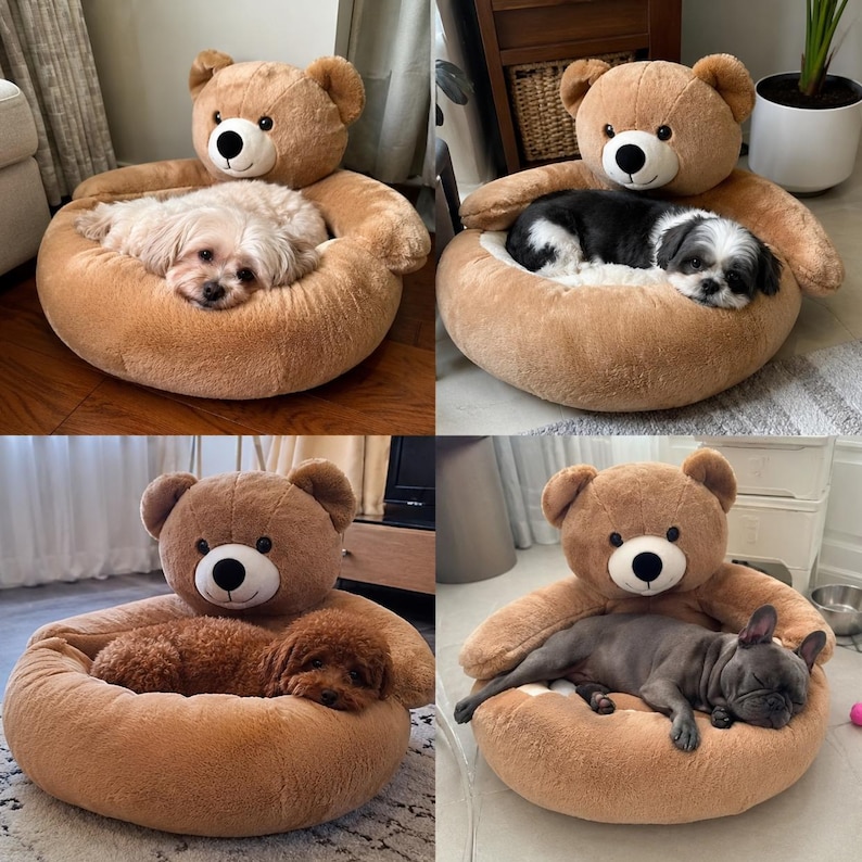 May include: A plush, brown teddy bear pet bed with a round, cushioned base. The bear has a friendly face with a black nose and button eyes. Several small dogs are shown resting comfortably inside the bed.