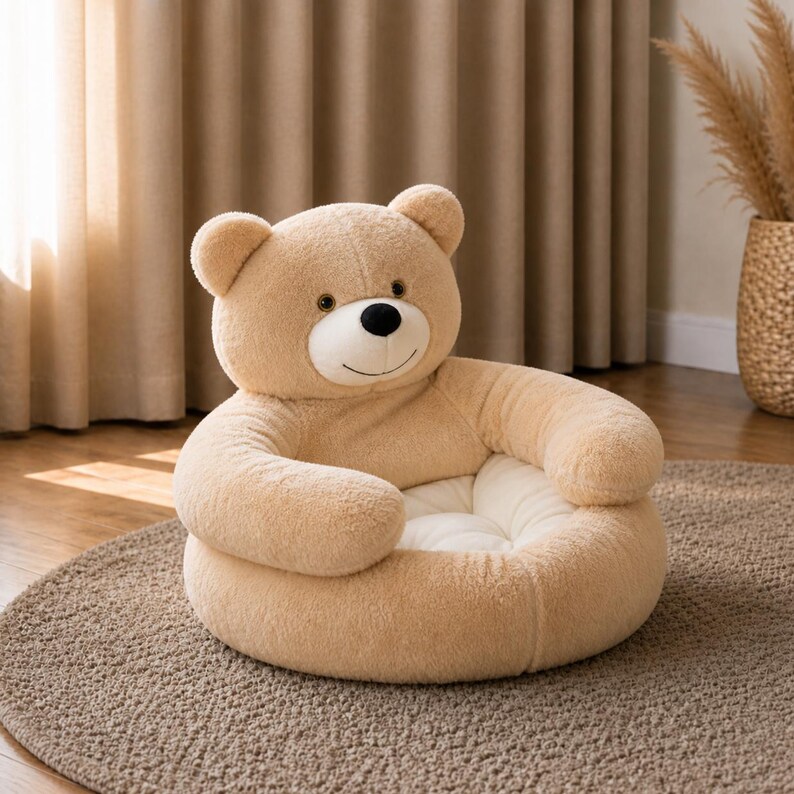 May include: A plush, tan teddy bear chair with a smiling face and a round seat. The chair has large arms and a soft, inviting appearance, perfect for a child's room or playroom. It sits on a brown rug.