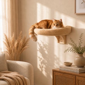 May include: A wall-mounted cat perch featuring a semi-circular wooden bracket and a plush, beige, circular cushioned platform. An orange tabby cat is resting on the soft, textured surface of the elevated shelf, which is secured to the wall.
