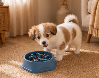 子犬用プラスチック製スローフィーダーボウル（犬猫用）、滑り止めパズルペットフード皿（骨の迷路付き）、ブルー、ピンク、イエロー、S/Mサイズ