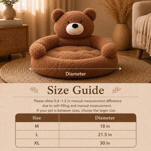 May include: Brown teddy bear pet bed with a round base and a bear head-shaped backrest. The bed has a soft, plush texture. The size guide shows diameters of 18, 21.5, and 30 inches. The text says "Size Guide".