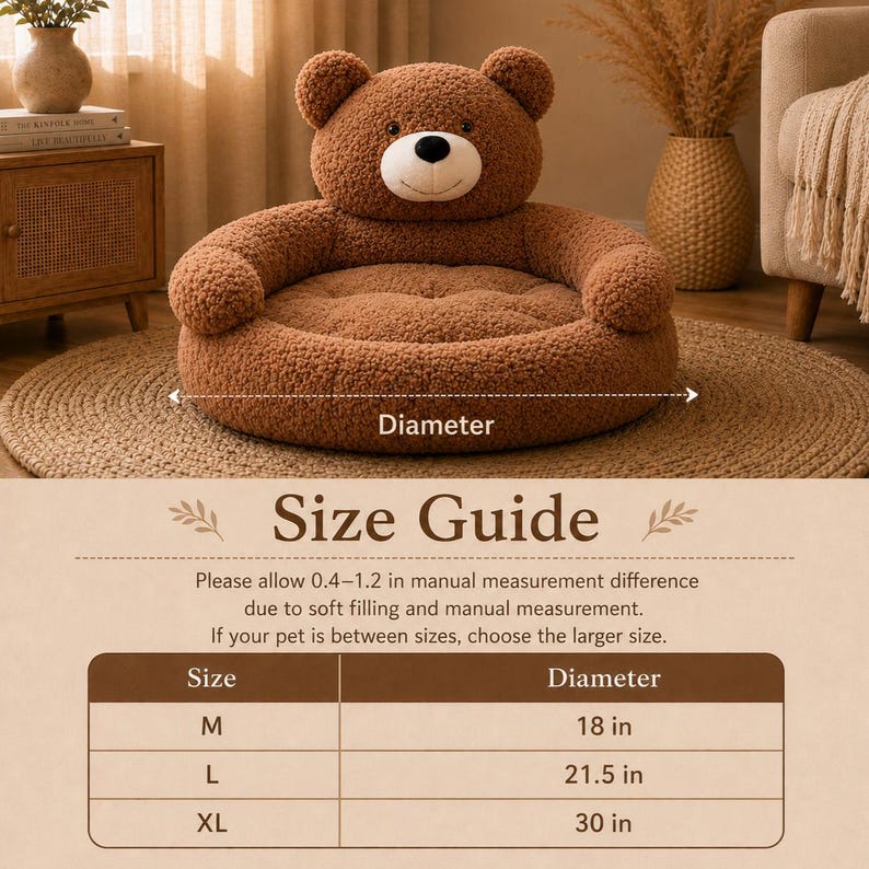 May include: Brown teddy bear pet bed with a round base and a bear head-shaped backrest. The bed has a soft, plush texture. The size guide shows diameters of 18, 21.5, and 30 inches. The text says "Size Guide".