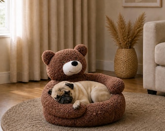 Cama para perros con forma de osito de peluche, sofá de felpa para mascotas pequeñas, silla tipo hamaca marrón, gris o blanca con brazos elevados y suave almohada redonda tipo nido.