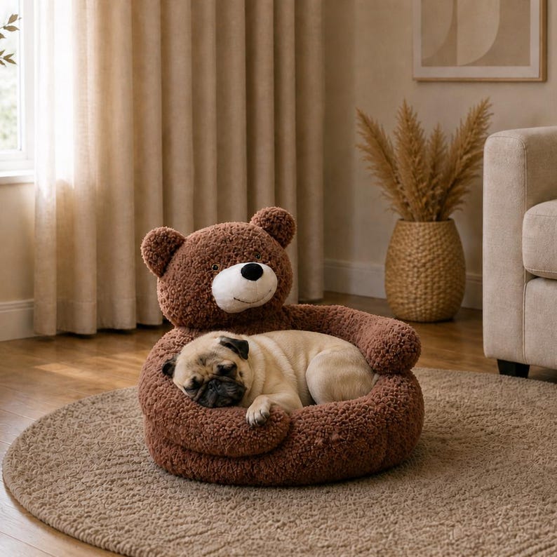 May include: A brown teddy bear-shaped pet bed with a sleeping pug inside. The bed has a plush, textured surface and a white face with black eyes. The pug is light brown with a black face and is curled up in the bed.