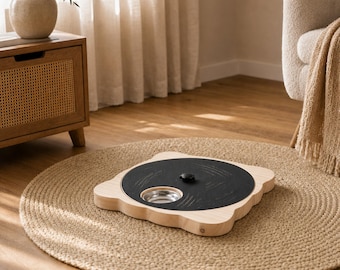 Pet Puzzle Slow Feeder with Rotating Panel, Natural Wood Base and Recessed Bowl