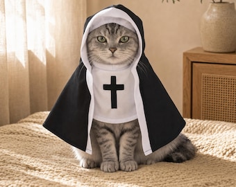 Mantellina con cappuccio per animali domestici, con motivo croce da suora in bianco e nero, per cani e gatti.