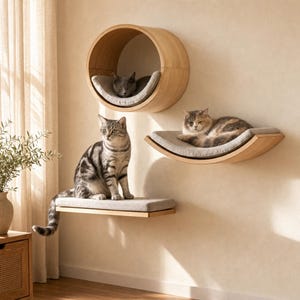 Wall-Mounted Cat Furniture, Modular Natural Wood Climbing Shelves, Hammocks, Pod, Bridge and Steps