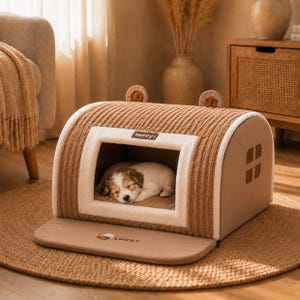 以下が含まれることがあります： 子犬が寝ている茶色のペットベッド。 ベッドは丸みを帯びた形で、白いトリムと上部に2つの小さな耳型のアクセントが付いています。 前面には「Honey！」の文字が見えます。