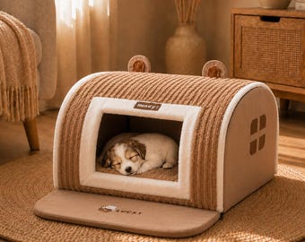 Plush Corduroy Pet House Bed, Bear Ears Dog Cat Cave, Washable Mat, Indoor Lounging