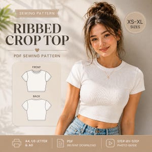 Simple Crop Top Sewing Pattern | Fitted Short Sleeve Tee with Round Jewel Neck | Digital PDF Sewing Instructions