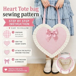 Op de afbeelding: Een hartvormig tote bag naaipatroon met roze en witte gingham stof, een crèmekleurige ruche rand en een roze satijnen strik. De instructieafbeelding bevat tekststappen voor het voorbereiden, naaien en in elkaar zetten van de tas.