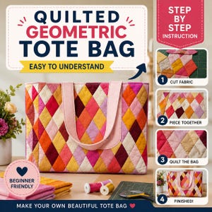 Puede incluir: Un bolso tote geométrico acolchado con un colorido patrón de diamantes en tonos rosa, naranja, amarillo y burdeos. El bolso tiene asas rosas y el texto "QUILTED GEOMETRIC TOTE BAG" se muestra en la parte superior. La imagen también incluye instrucciones paso a paso.