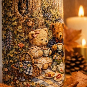 May include: A ceramic mug featuring a detailed, textured illustration of two teddy bears having a picnic in a forest. One bear wears a pink bow, and a small rabbit peeks from a tree hollow. The scene includes a picnic basket, tea cups, and food.