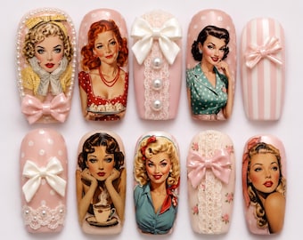 Retro Pin Up Drücken Sie auf die Nägel | Vintage 1950er Jahre Glamour Nails | Rockabilly inspirierte Nägel | Handgefertigte benutzerdefinierte künstliche Nägel | Rote Lippen Retro Set