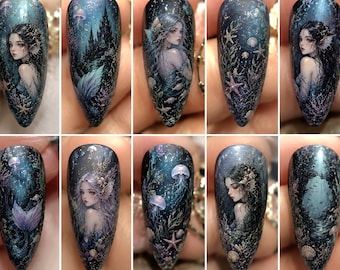 Dunkle Meerjungfrau Drücken Sie auf die Nägel | Fantasy Ocean Sirenennägel | Gothic Meerjungfrau Nagel Set | UV gedruckte Anime Nägel