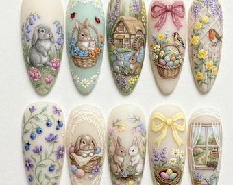 Pastel Bunny Drücken Sie auf die Nägel | Cottagecore Osternägel | 3D Relief Feder Nagel Set | Niedliche Kaninchen Blumen Nägel | Handgemachte Kawaii Nägel