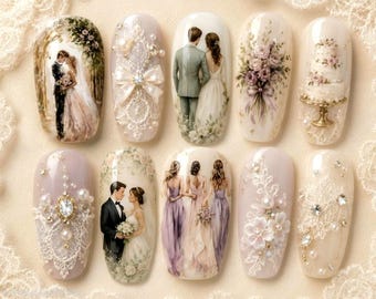 Personalisierte Hochzeitspresse auf den Nägeln, personalisierte Brautnägel, Laden Sie Ihr Hochzeitsfoto hoch, luxuriöse 3D-Brautnägel, Spitzenperle