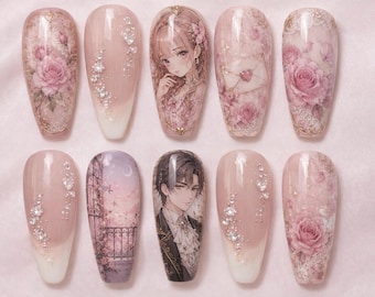 Romantisches Anime Paar Drücken Sie die Nägel Pink Rose Set | Kokette Prinzessin Nails | Moonlit Fenster Garten Nailart | Luxus Kawaii Schnürsenkel Rosen