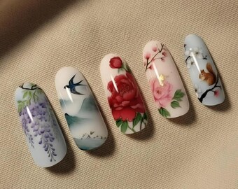 Drücken Sie auf die Nägel: Aquarell Naturkunst, Koi Fisch, Kirschblüten, Kranich, Eichhörnchen
