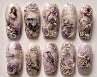 Vintage Lavendel Cottagecore Drücken Sie auf die Nägel | Blumenspitze 3D Blumennägel | Romantisches Viktorianisches Nagelset | Shabby Chic Feenkern Nägel