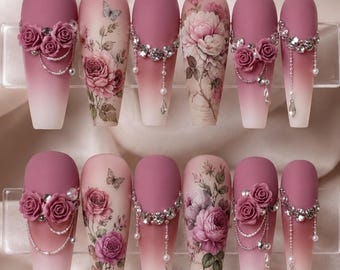 Dusty Rose Coquette Drücken Sie auf die Nägel | 3D Rosen & Schleifen | Luxus Matte Pink Blumennägel | Handgefertigte Glam False Nails