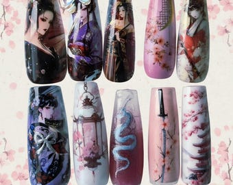 Geisha Kirschblüte Drücken Sie auf die Nägel | Japanisches Sakura Art Set (UV gedruckt)